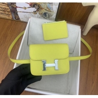 Latest Style Hermes Constance Slim Wallet with Leather Strap in Epsom Leather H0112 Lemon Yellow/Silver 2024 (Half Handm