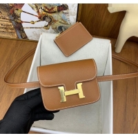 Luxury Cheap Hermes Constance Slim Wallet with Leather Strap in Epsom Leather H0112 Brown/Gold 2024 (Half Handmade)