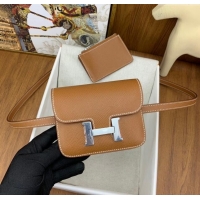 New Arrivals Hermes Constance Slim Wallet with Leather Strap in Epsom Leather H0112 Brown/Silver 2024 (Half Handmade)