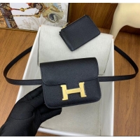 New Design Hermes Constance Slim Wallet with Leather Strap in Epsom Leather H0112 Black/Gold 2024 (Half Handmade)