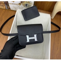 Low Cost Hermes Constance Slim Wallet with Leather Strap in Epsom Leather H0112 Black/Silver 2024 (Half Handmade)