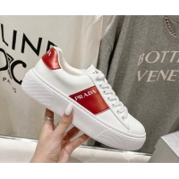 Unique Discount Prada White leather sneakers with Red Web and Tab 719139