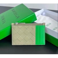 Latest Style Bottega Veneta Zippered Card Case Wallet in Intrecciato Leather 755985 Travertine/Parrot Green 2024