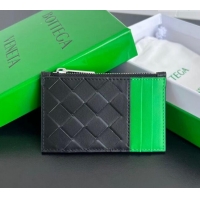 New Cheap Bottega Veneta Zippered Card Case Wallet in Intrecciato Leather 755985 Black/Parrot Green 2024