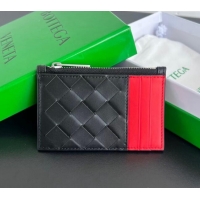 Grade Quality Bottega Veneta Zippered Card Case Wallet in Intrecciato Leather 755985 Black/Red 2024