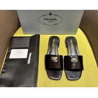 Pretty Style Prada Patent Saffiano Leather Flat Slides Sandal Black 720005