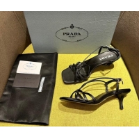 Good Quality Prada Heeled leather sandals 5.5cm with Logo Pendant Black 720013