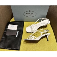 Grade Quality Prada Heeled leather sandals 5.5cm with Logo Pendant White 720014