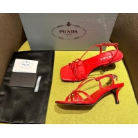 Best Product Prada Heeled leather sandals 5.5cm with Logo Pendant Red 720016