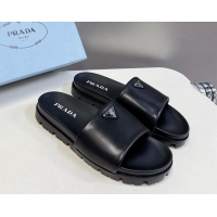 Low Cost Prada Metal-Tone Tiangle Leather Platform Slides Sandal Black 720017