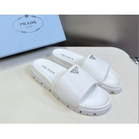 Pretty Style Prada Metal-Tone Tiangle Leather Platform Slides Sandal White 720018