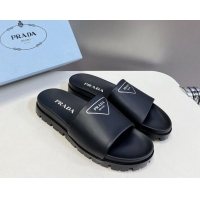 Luxurious Prada Printed Tiangle Leather Platform Slides Sandal Black 720019