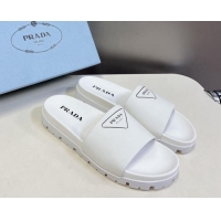 Perfect Prada Printed Tiangle Leather Platform Slides Sandal White 720020