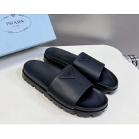 Shop Duplicate Prada Tiangle Logo Leather Platform Slides Sandal Black 720021