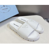 Discount Fashion Prada Tiangle Logo Leather Platform Slides Sandal White 720022