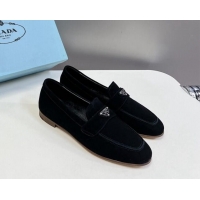 Discount Prada Suede Loafers Flat Black 720023