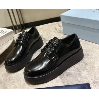 Best Grade Prada Brushed Leather Platform Lace-up Shoes 4cm Black 720039