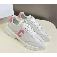 Shop Duplicate Celine Runner CR-02 Low Lace-up Sneakers in White Calfskin with Letter C Light Pink 322021