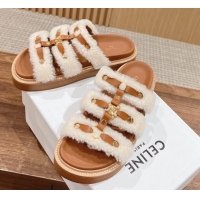 Pretty Style Celine Tippi Flat Slide Sandals in Shearling and Calfskin White 322026