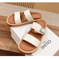 Durable Celine Buckle Flat Slide Sandals in Calfskin Leather White 322035