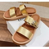 Luxurious Celine Buckle Flat Slide Sandals in Calfskin Leather Gold 322036