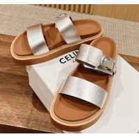 Good Quality Celine Buckle Flat Slide Sandals in Calfskin Leather Silver 322037