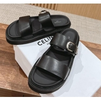 Unique Style Celine Buckle Flat Slide Sandals in Calfskin Leather Black 322038