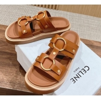 Buy Discount Celine Tippi Buckle Flat Slide Sandals in Calfskin Tan Brown 322042