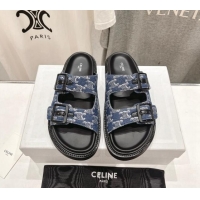 Purchase Celine Triomphe Canvas Flat Slide Sandals with Strap Blue 605031