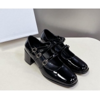 Classic Hot Celine Patent Leather Mary Janes Pumps 6cm with Trible Straps Black 506001