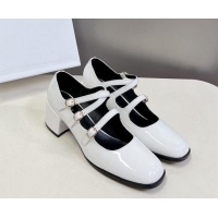 Big Discount Celine Patent Leather Mary Janes Pumps 6cm with Trible Straps White 506002