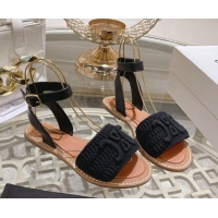 Classic Hot Celine Lympia Flat Sandals in Triomphe Crochet and Calfskin Black 506008