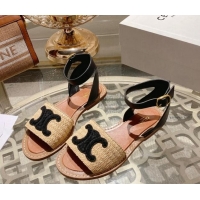 Grade Quality Celine Lympia Flat Sandals in Triomphe Straw and Calfskin Black 506009