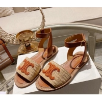 Good Looking Celine Lympia Flat Sandals in Triomphe Straw and Calfskin Brown 506010