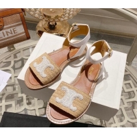 Unique Style Celine Lympia Flat Sandals in Triomphe Straw and Calfskin White 506011