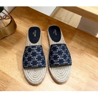 Good Product Celine Triomphe Dark Blue Denim Espadrille Flat Slide Sandals 531146