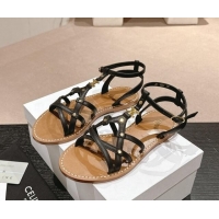 Comfortable Celine Calfskin Strap Flat Sandals Black 531154