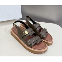 Top Design Celine Tippi Triomphe Sandals in Calfskin Leather Khaki Green 531173