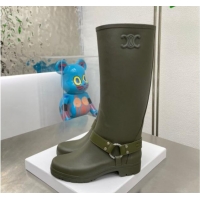 Grade Celine High Rain Boots in Rubber with Buckle Green 719076