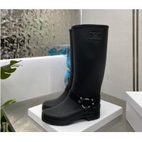 Good Looking Celine High Rain Boots in Rubber with Buckle Black 719077