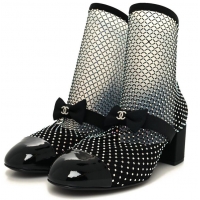 Top Grade Chanel Suede Patent Diamante Fishnet Bow-Embellished Mary Jane Ankle Boots G8410 Black/Silver