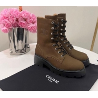 Sophisticated Celine Triomphe Rangers Mid Lace-up Boots in Suede Khaki 19089