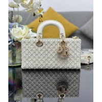 Best Price Dior Medium Lady D-Joy Bag in Calfskin and Pearl Allover 0806 White 2024