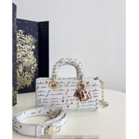 Hot Style Dior Dioramour Small Lady D-Joy Bag in White Calfskin with Heart Je Vous Adore Print 6004 Black and Red 2024