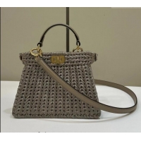 Cheapest Fendi Peekaboo ISeeU Petite Bag in interlaced fiber 80169S Dove Grey 2024