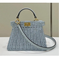 Top Quality Fendi Peekaboo ISeeU Petite Bag in interlaced fiber 80169S Light Blue 2024