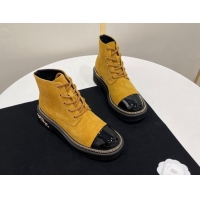 Charming Chanel Suede Lace-up Ankle Boots with Chain and Logo Yellow 722001