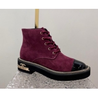 Grade Quality Chanel Suede Lace-up Ankle Boots with Chain and Logo Burgundy 722002