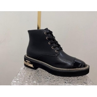 Good Quality Chanel Calfskin Lace-up Ankle Boots with Chain and Logo Black 722003