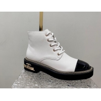 Best Price Chanel Calfskin Lace-up Ankle Boots with Chain and Logo White 722004